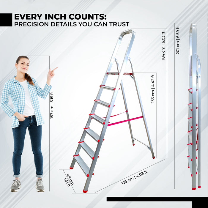 iBELL JY007 7-Step Foldable Aluminium Ladder for Home | Anti-Slip Steps | Edge Guards | Strong Safety Strap | with Sure-Hinge Technology (Orange)