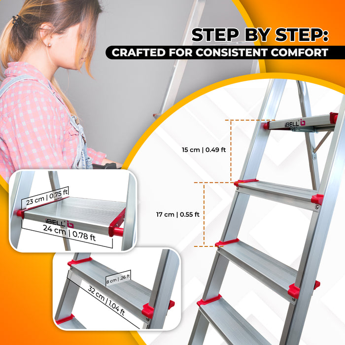 iBELL JY007 7-Step Foldable Aluminium Ladder for Home | Anti-Slip Steps | Edge Guards | Strong Safety Strap | with Sure-Hinge Technology (Orange)