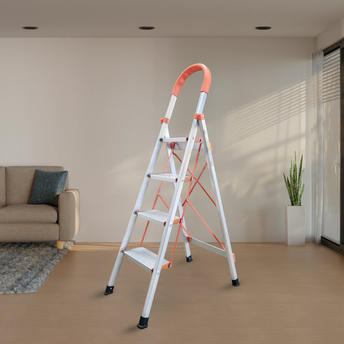 iBELL JY104 4-Step Heavy-Duty Foldable Aluminium Ladder | Anti-Slip Wide Pedals | Hand Grip for Home & Office Use | Supports 150+ Kgs