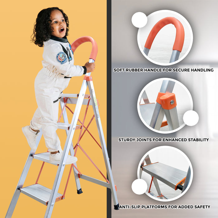 iBELL JY104 4-Step Heavy-Duty Foldable Aluminium Ladder | Anti-Slip Wide Pedals | Hand Grip for Home & Office Use | Supports 150+ Kgs