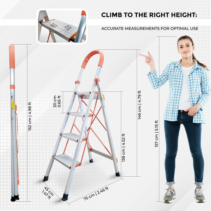 iBELL JY104 4-Step Heavy-Duty Foldable Aluminium Ladder | Anti-Slip Wide Pedals | Hand Grip for Home & Office Use | Supports 150+ Kgs