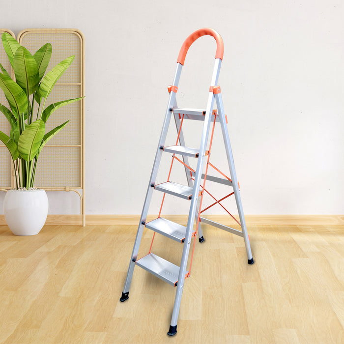 iBELL JY105 5-Step Heavy-Duty Foldable Aluminium Ladder | Anti-Slip Wide Pedals | Hand Grip for Home & Office Use | Supports 150+ Kgs