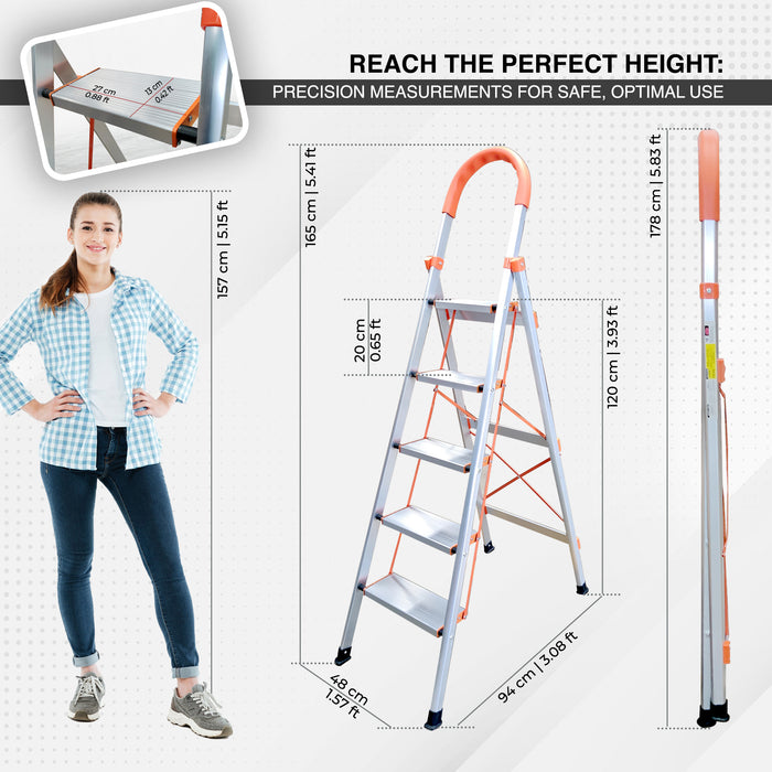 iBELL JY105 5-Step Heavy-Duty Foldable Aluminium Ladder | Anti-Slip Wide Pedals | Hand Grip for Home & Office Use | Supports 150+ Kgs