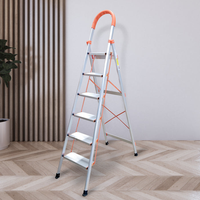 iBELL JY106 6-Step Heavy-Duty Foldable Aluminium Ladder | Anti-Slip Wide Pedals | Hand Grip for Home & Office Use | Supports 150+ Kgs