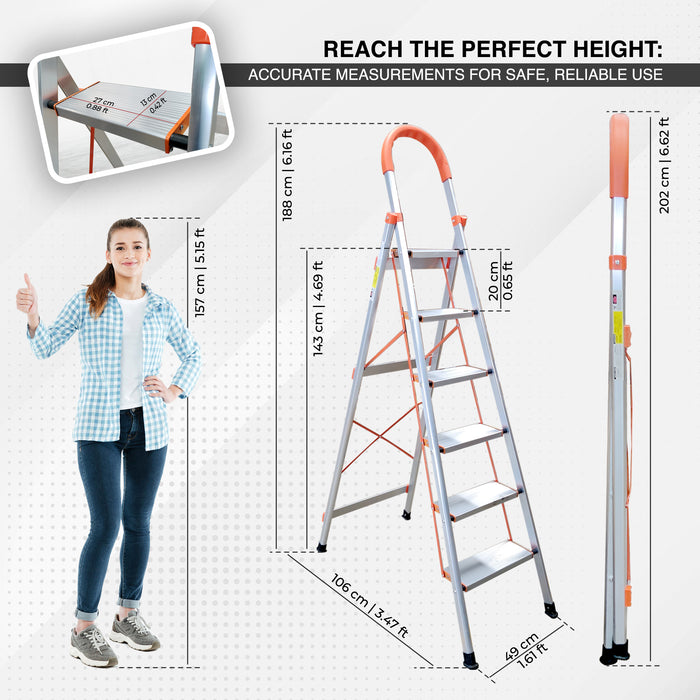 iBELL JY106 6-Step Heavy-Duty Foldable Aluminium Ladder | Anti-Slip Wide Pedals | Hand Grip for Home & Office Use | Supports 150+ Kgs