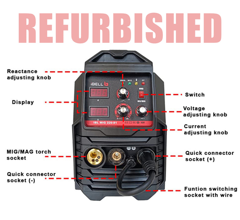 (Refurbished) IBELL Digital MIG-220-81 MIG/MAG/MMA Welder,220Amp,220V, Gas Gasless MIG/MAG/MMA 3 in 1 Multiprocess Welder- 1 Year Warranty