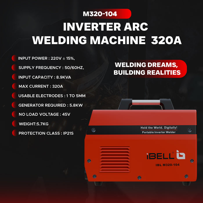 iBELL M320-104 Inverter ARC Welding Machine (IGBT), 320A with Adjustable Hot Start, Anti-Stick Functions, Arc Force Control, VRD, and Thermal Protection – 2 Year Warranty