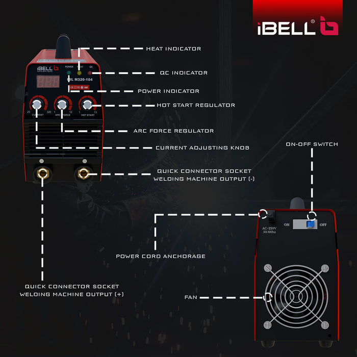 iBELL M320-104 Inverter ARC Welding Machine (IGBT), 320A with Adjustable Hot Start, Anti-Stick Functions, Arc Force Control, VRD, and Thermal Protection – 2 Year Warranty