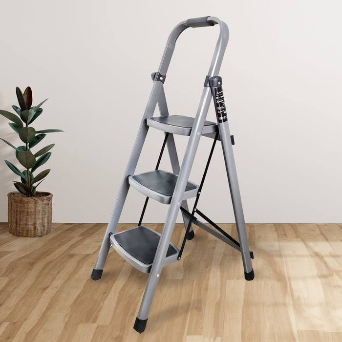 iBELL T003E 3 Step Ladder for Home - Foldable Steel Ladder with 150 kg Weight Capacity, Wide Anti-Skid Steps, Space-Saving Design, Grey Finish, Max Height 110 cm