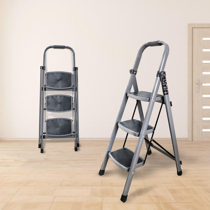 iBELL T003E 3 Step Ladder for Home - Foldable Steel Ladder with 150 kg Weight Capacity, Wide Anti-Skid Steps, Space-Saving Design, Grey Finish, Max Height 110 cm