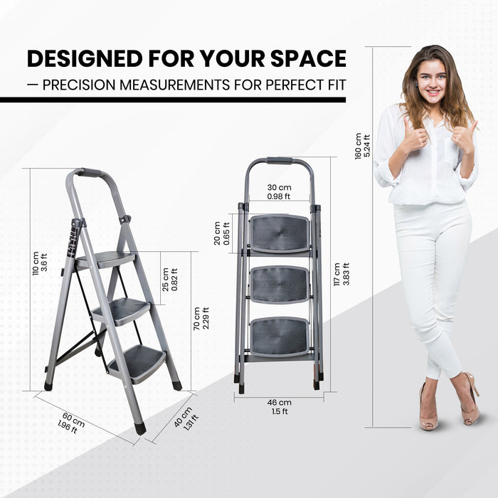 iBELL T003E 3 Step Ladder for Home - Foldable Steel Ladder with 150 kg Weight Capacity, Wide Anti-Skid Steps, Space-Saving Design, Grey Finish, Max Height 110 cm