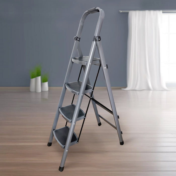 iBELL IBL T004E 4 Step Ladder for Home - Foldable Steel Ladder with 150 kg Load Capacity, Wide Anti-Skid Steps, Space-Saving Design, Grey Finish, Max Height 135 cm (4.43 ft)