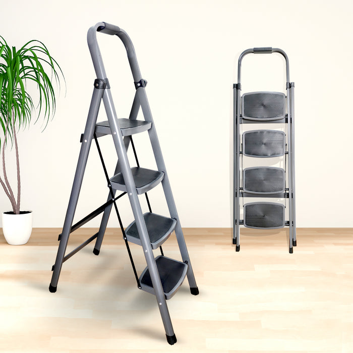 iBELL IBL T004E 4 Step Ladder for Home - Foldable Steel Ladder with 150 kg Load Capacity, Wide Anti-Skid Steps, Space-Saving Design, Grey Finish, Max Height 135 cm (4.43 ft)