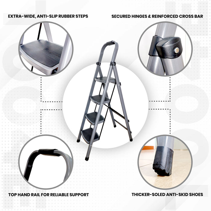 iBELL IBL T004E 4 Step Ladder for Home - Foldable Steel Ladder with 150 kg Load Capacity, Wide Anti-Skid Steps, Space-Saving Design, Grey Finish, Max Height 135 cm (4.43 ft)