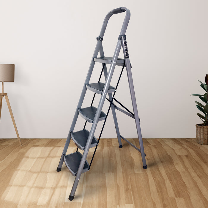 iBELL IBL T005E 5 Step Ladder for Home - Foldable Steel Ladder with 150 kg Capacity, Wide Anti-Skid Steps, Space-Saving Design, Grey Finish, Max Height 160 cm (5.25 ft)