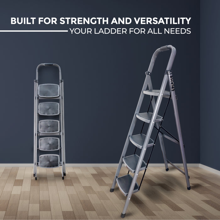 iBELL IBL T005E 5 Step Ladder for Home - Foldable Steel Ladder with 150 kg Capacity, Wide Anti-Skid Steps, Space-Saving Design, Grey Finish, Max Height 160 cm (5.25 ft)