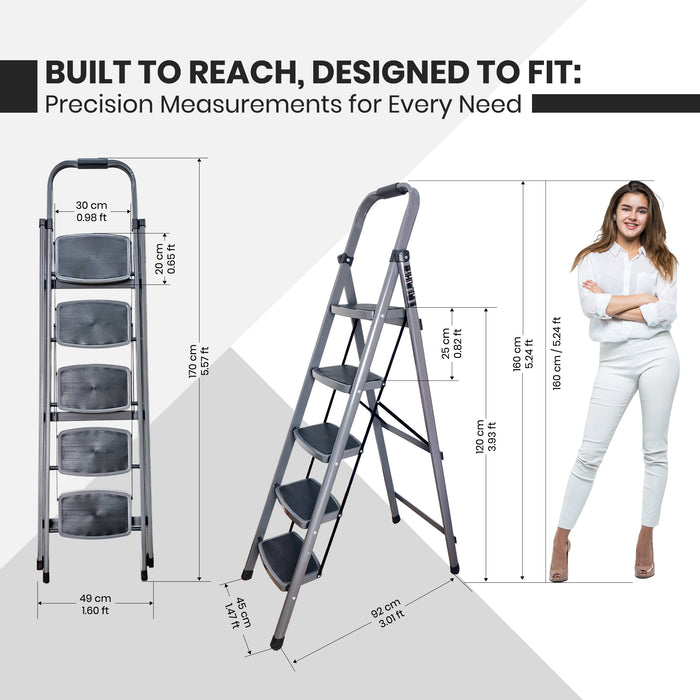 iBELL IBL T005E 5 Step Ladder for Home - Foldable Steel Ladder with 150 kg Capacity, Wide Anti-Skid Steps, Space-Saving Design, Grey Finish, Max Height 160 cm (5.25 ft)