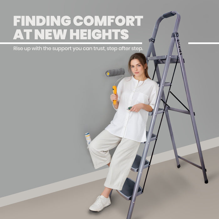 iBELL IBL T006E 6 Step Ladder for Home - Foldable Steel Ladder with 150 kg Load Capacity, Wide Anti-Skid Steps, Space-Saving Design, Grey Finish, Max Height 183 cm (6 ft)