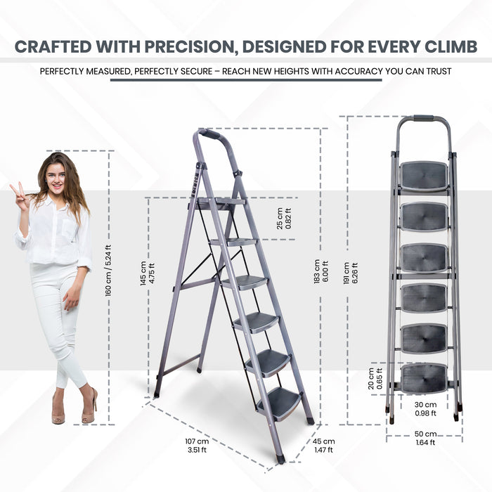 iBELL IBL T006E 6 Step Ladder for Home - Foldable Steel Ladder with 150 kg Load Capacity, Wide Anti-Skid Steps, Space-Saving Design, Grey Finish, Max Height 183 cm (6 ft)