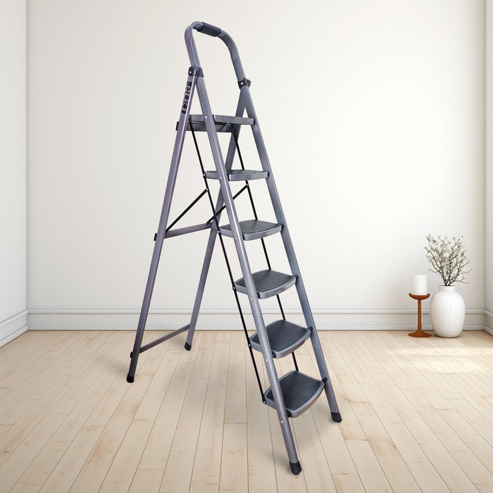 iBELL IBL T006E 6 Step Ladder for Home - Foldable Steel Ladder with 150 kg Load Capacity, Wide Anti-Skid Steps, Space-Saving Design, Grey Finish, Max Height 183 cm (6 ft)