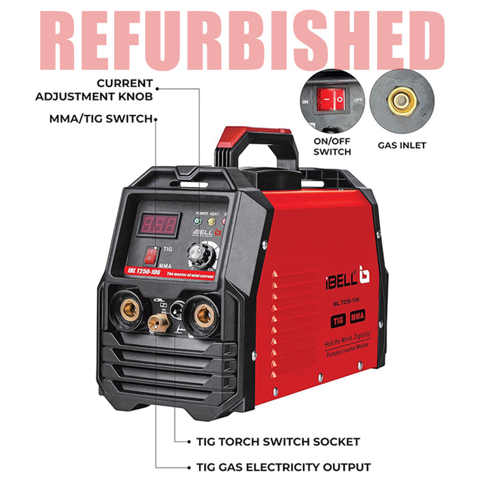 (Refurbished) iBELL TIG/MMA Welding Machine (T250-106), 250A, 220V, Inverter IGBT, Anti Stick, with 10nos Tungsten Rods & All Accessories Included - 1 Year Warranty