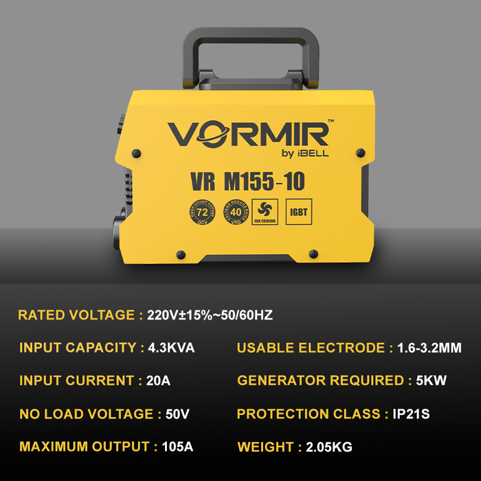 iBELL VORMIR VR M155-10 Inverter MMA Welding Machine (Home/DIY) 105A with IGBT, Hot Start, Anti-stick, Arc Force, Provided in BMC Box