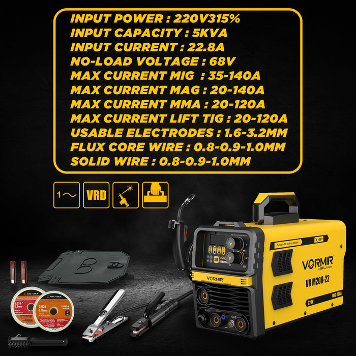 iBELL VORMIR VR M200-22 Inverter MMA/MIG/MAG/TIG LIFT Welding Machine (Home/DIY) 200A with Hot Start, Anti-Stick Functions