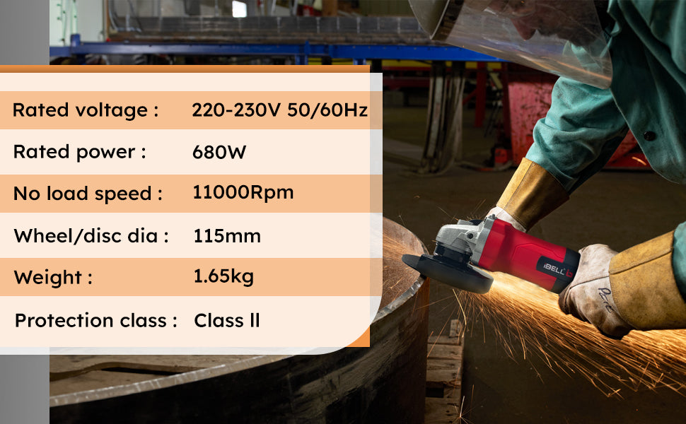 iBELL Angle Grinder AG15-68, 680W Heavy Duty, Copper Armature, Disc Dia 115mm, 11000 RPM with Grinding Wheel and Guard.